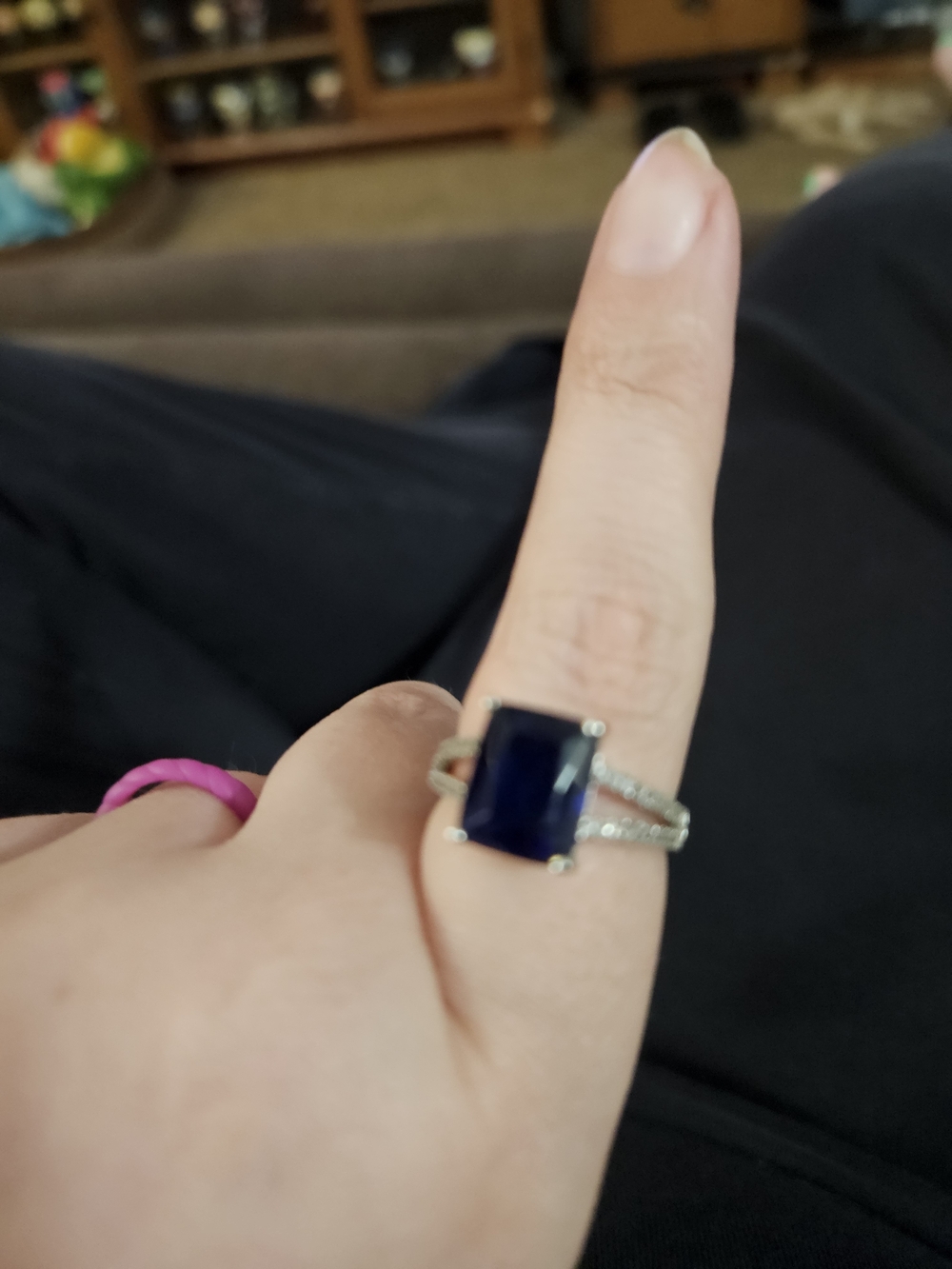Rectangular-cut dark blue center stone ring size 9